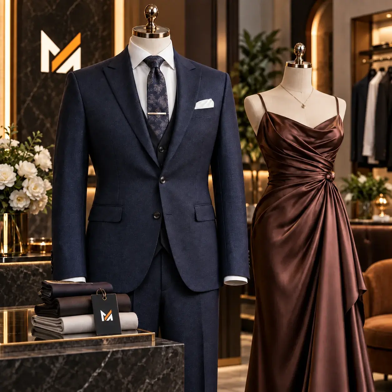 Navy blue men’s formal suit and elegant brown satin evening dress displayed on mannequins in a luxury showroom, with Mega Apparel branding visible in the background.